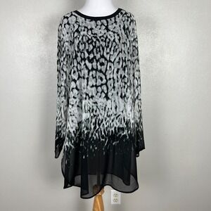 Calvin Klein Tunic Top Women Large Black White Printed Sheer Lined Longline Slit
